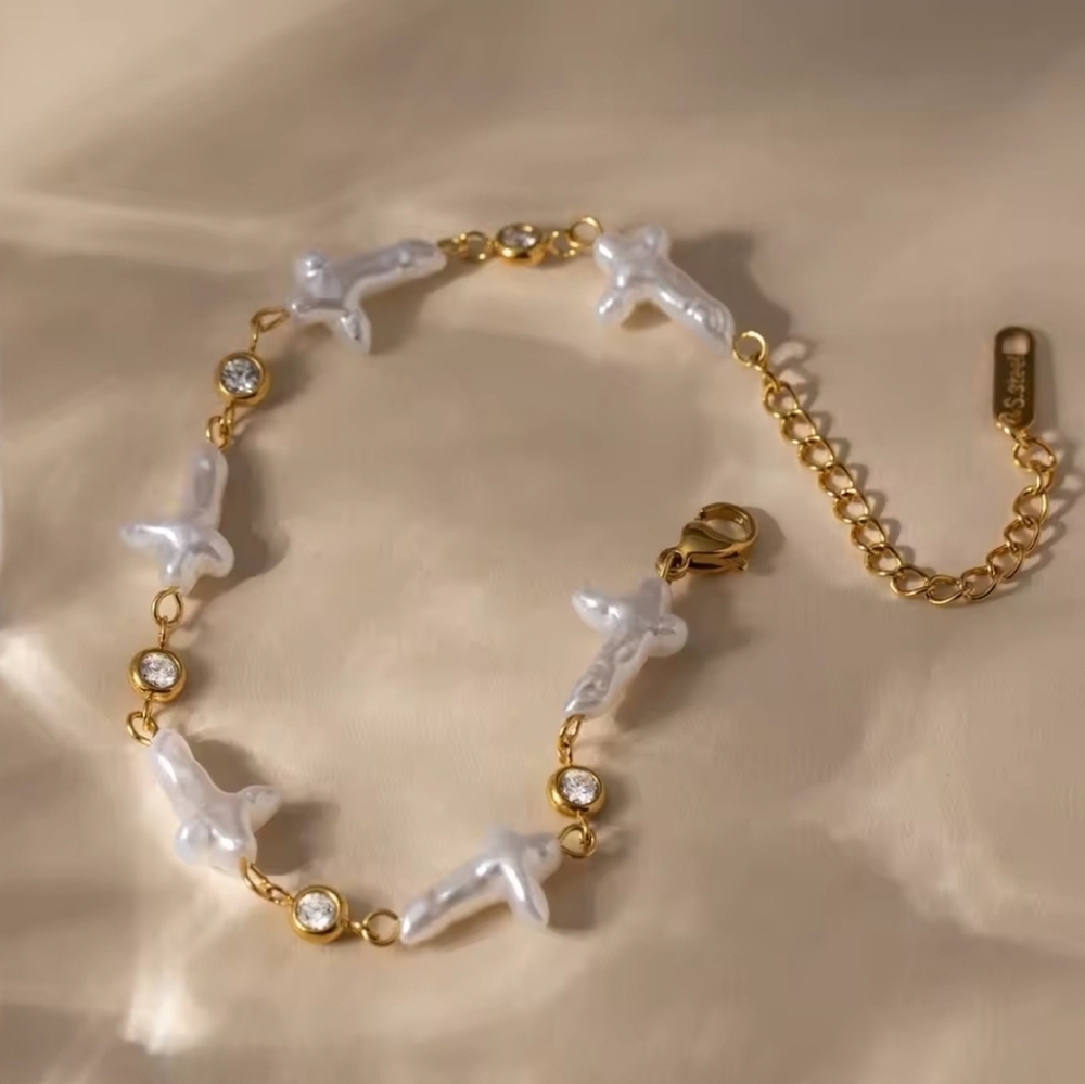 New Cross Pearl CZ Station Bracelet Gold Plated | NWOT